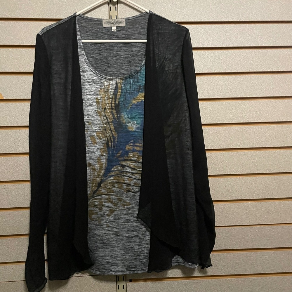 Closet Full Womens Grey Space Dye Top Sheer Black Overlay Abstract Graphic Large